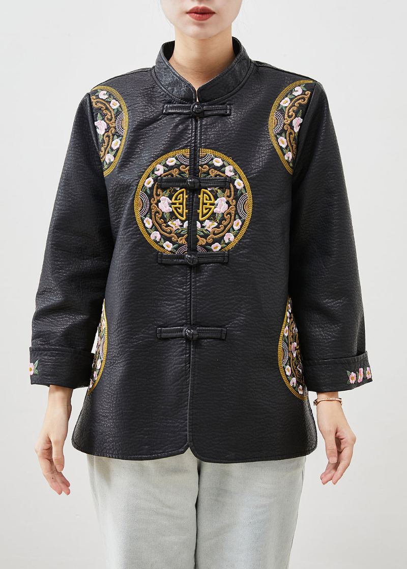 Magnifique Manteau En Simili Cuir Avec Boutons Chinois Brodés Noirs Printemps - Manteaux d'hiver femmes