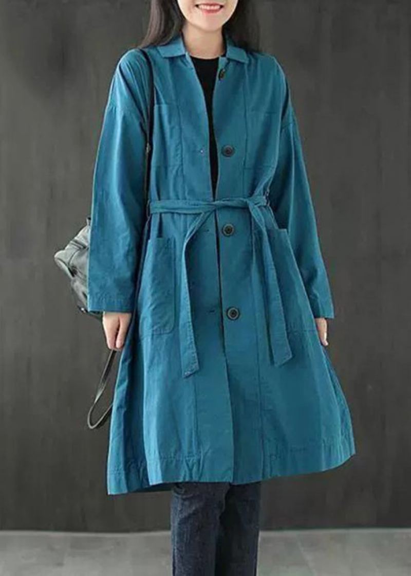 Manteau Ample En Coton Bleu Paon Poches Boutonnées Cravate À La Taille Automne - Manteaux d'hiver femmes