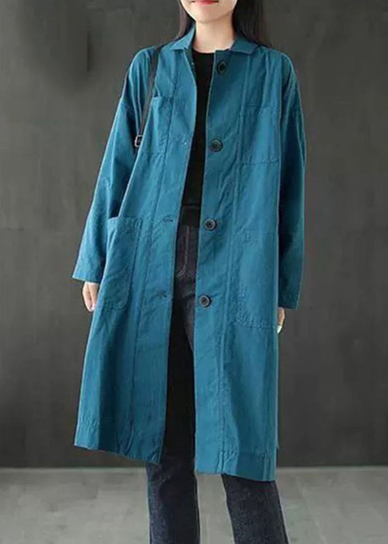 Manteau Ample En Coton Bleu Paon Poches Boutonnées Cravate À La Taille Automne - Manteaux d'hiver femmes