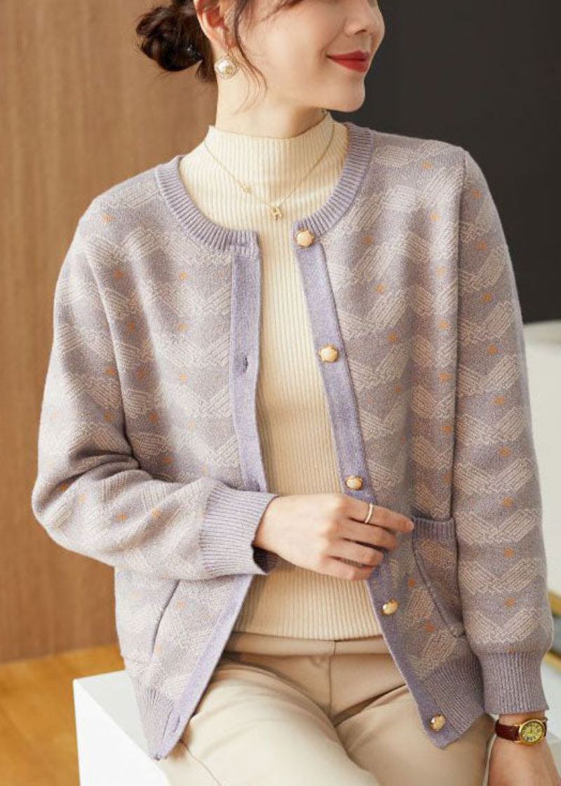 Manteau Ample En Laine Imprimé Violet Clair Vêtement D'extérieur Avec Boutons En Perles Automne