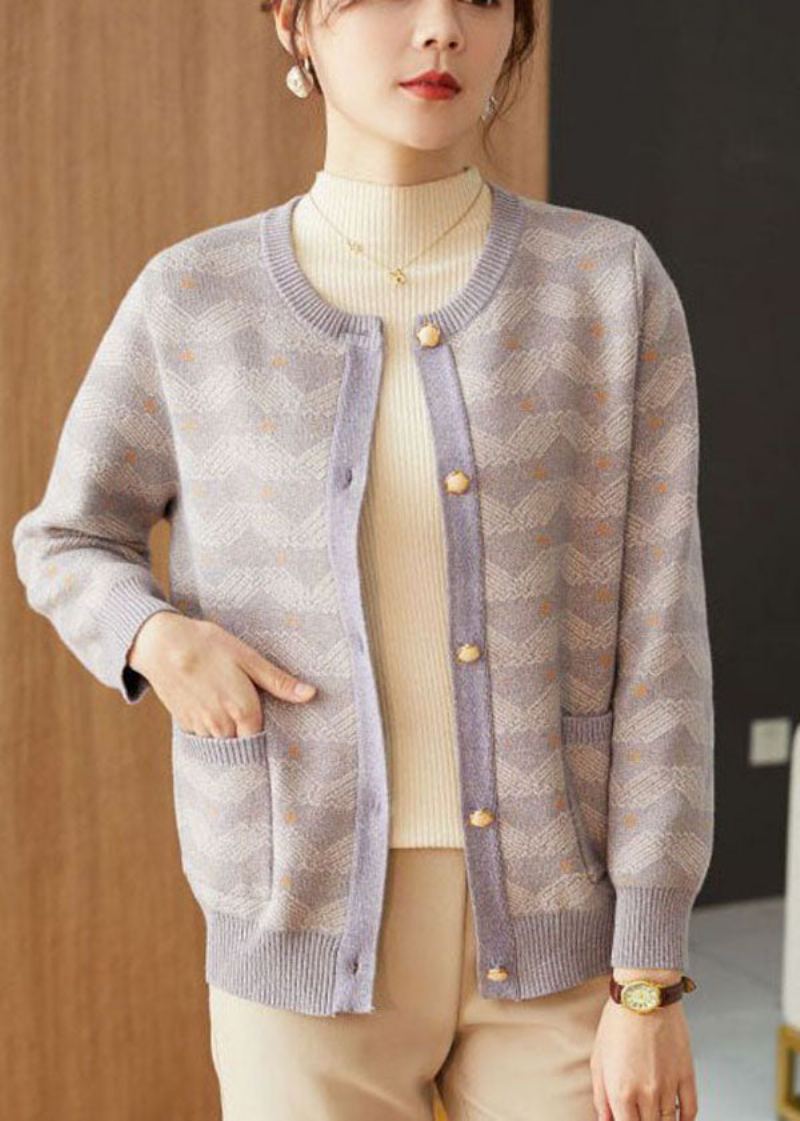 Manteau Ample En Laine Imprimé Violet Clair Vêtement D'extérieur Avec Boutons En Perles Automne - Violet Clair