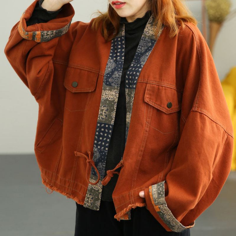 Manteau D'automne Ample En Patchwork Rétro Orange De Grande Taille - Orange