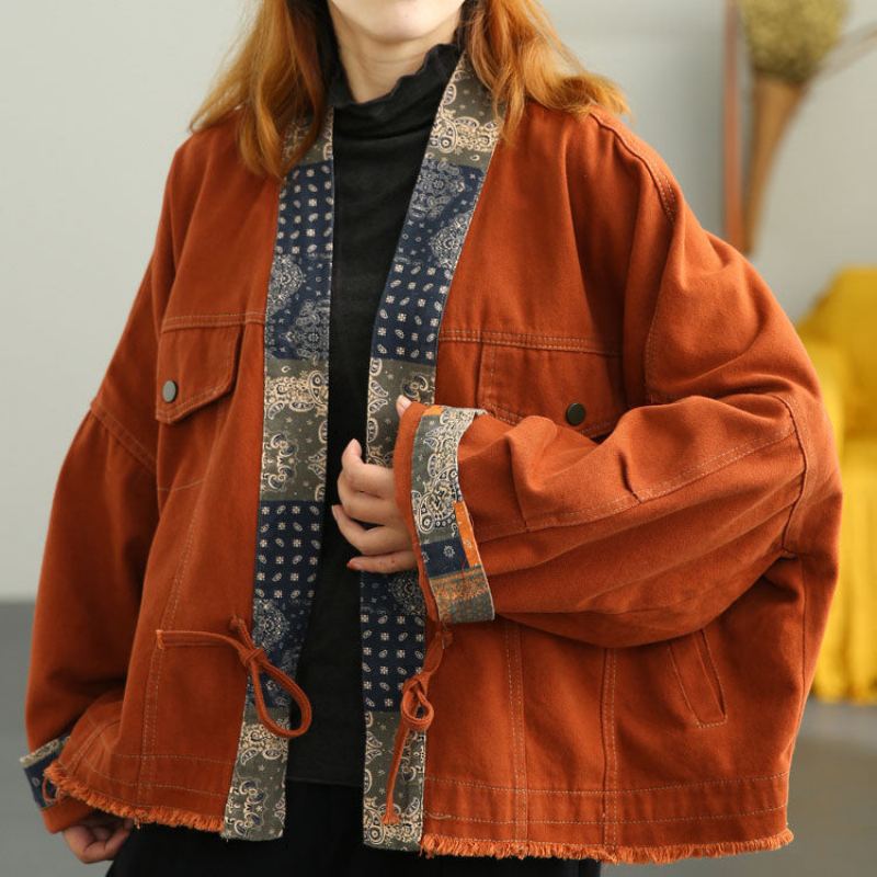 Manteau D'automne Ample En Patchwork Rétro Orange De Grande Taille - Orange