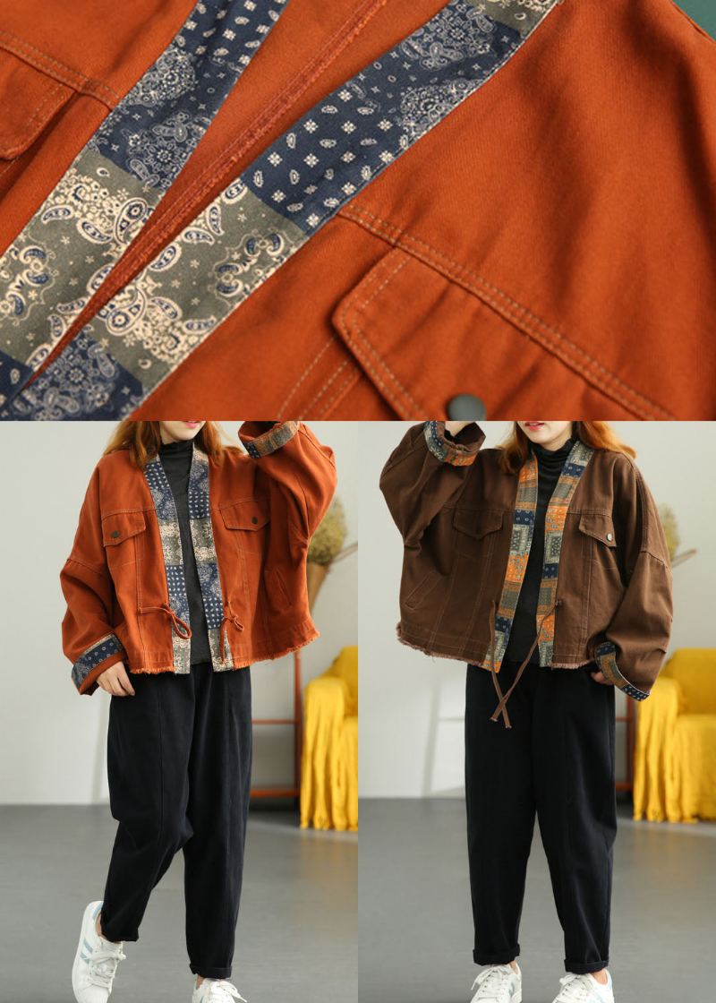 Manteau D'automne Ample En Patchwork Rétro Orange De Grande Taille - Orange