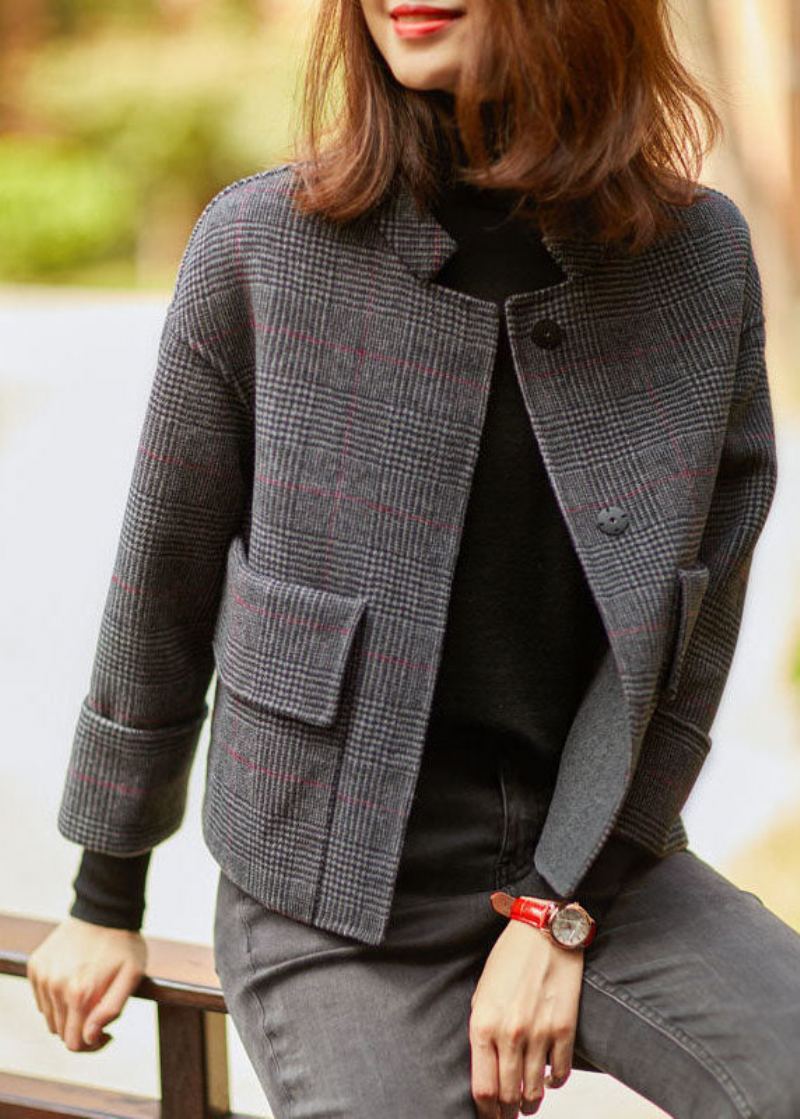 Manteau D'automne Et D'hiver À Carreaux Gris Style Boho Rétro Poches Amples Boutons