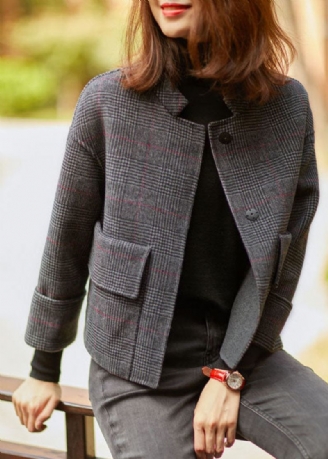 Manteau D'automne Et D'hiver À Carreaux Gris Style Boho Rétro Poches Amples Boutons