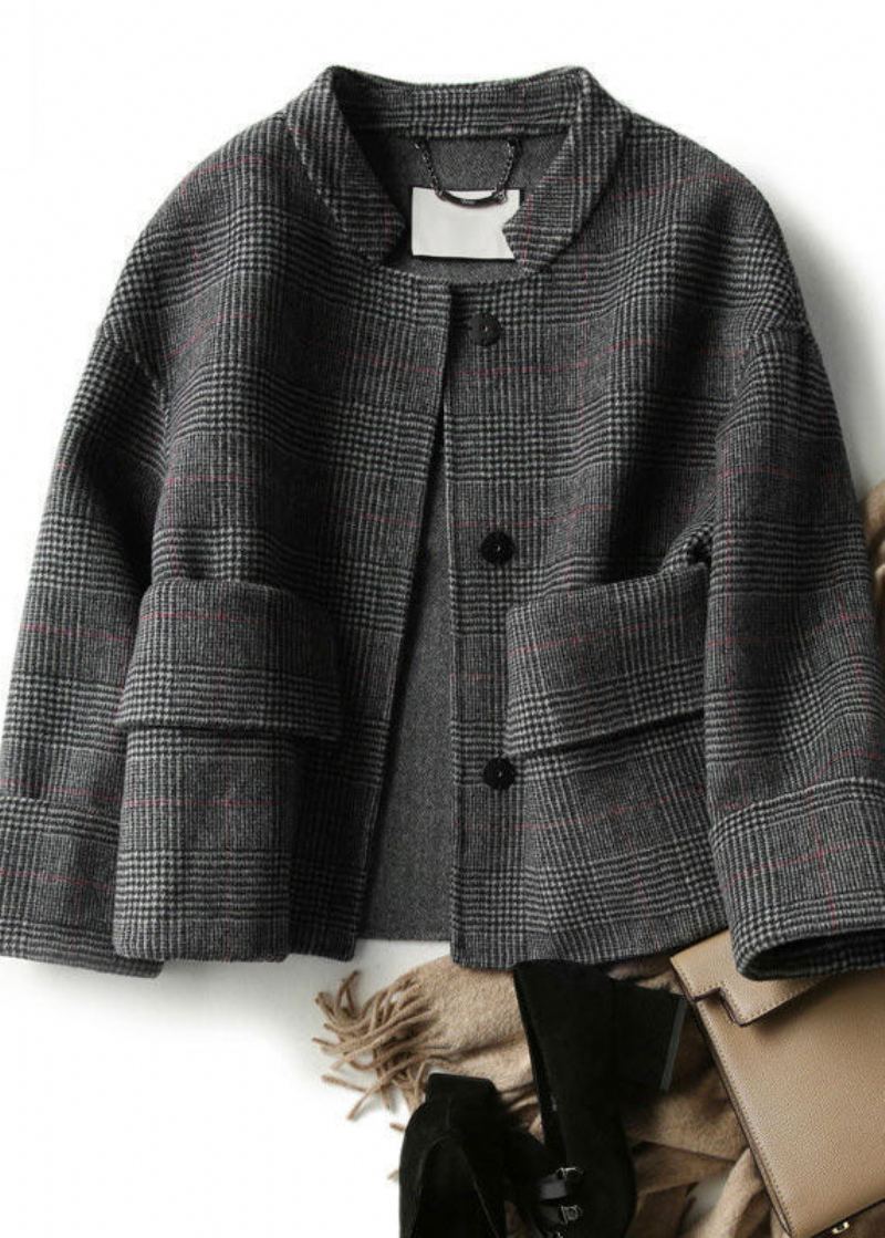 Manteau D'automne Et D'hiver À Carreaux Gris Style Boho Rétro Poches Amples Boutons - Manteaux d'hiver femmes