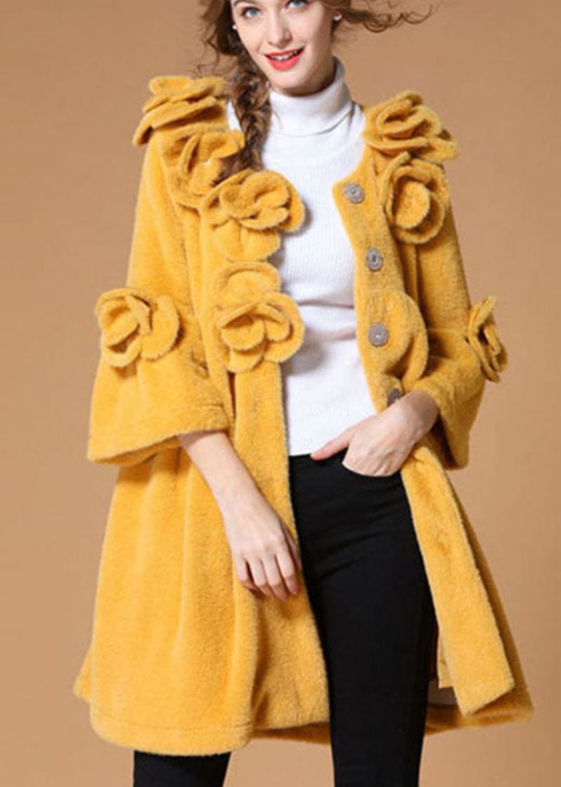 Manteau D'automne Floral De Luxe Avec Poches Jaunes Et Boutons - Manteaux d'hiver femmes