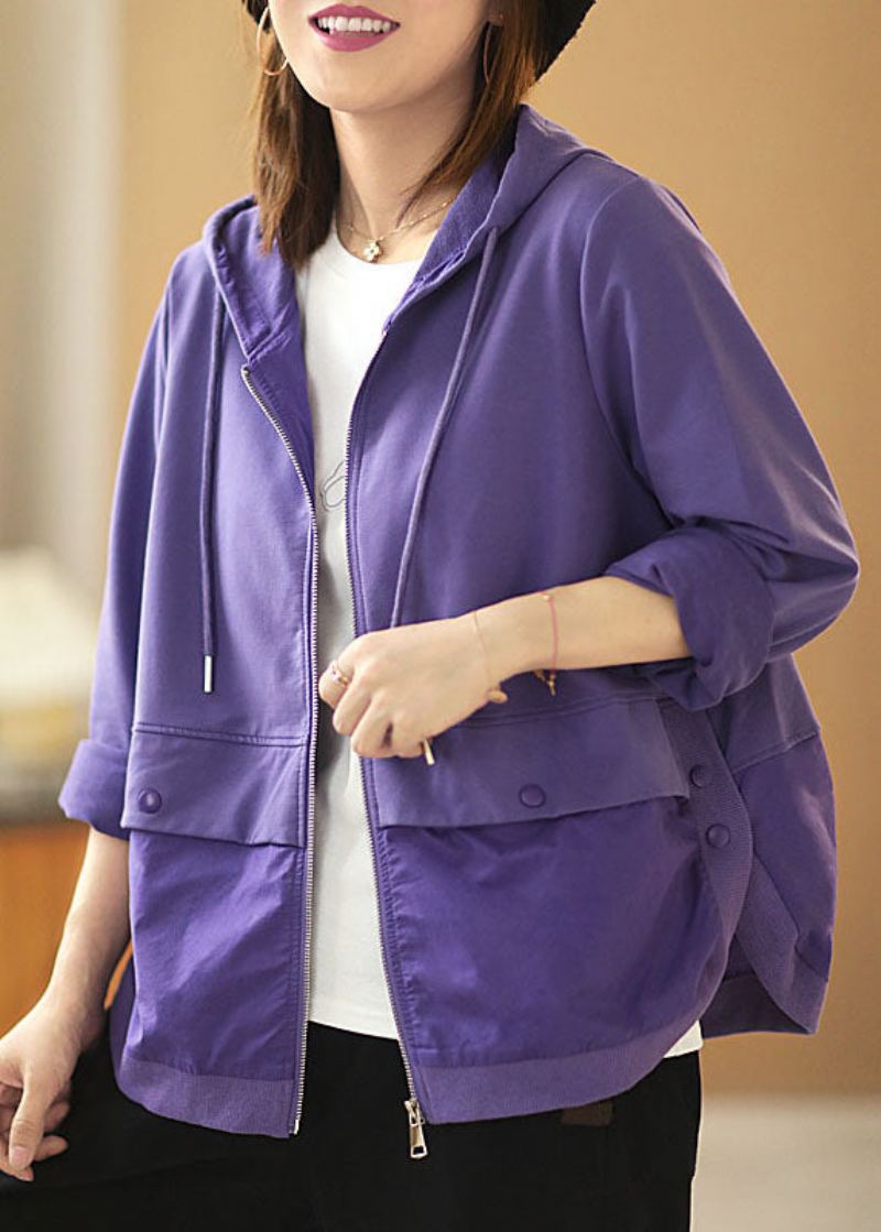 Manteau D'automne Style Patchwork À Capuche Violet Avec Cordon De Serrage Et Manches Longues