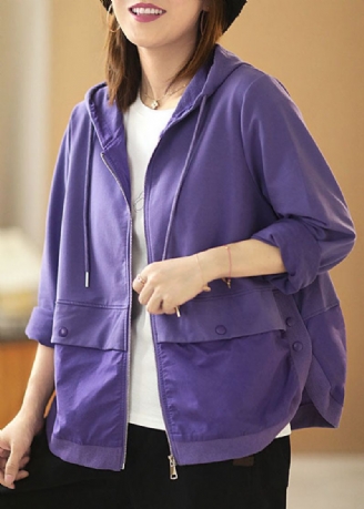 Manteau D'automne Style Patchwork À Capuche Violet Avec Cordon De Serrage Et Manches Longues