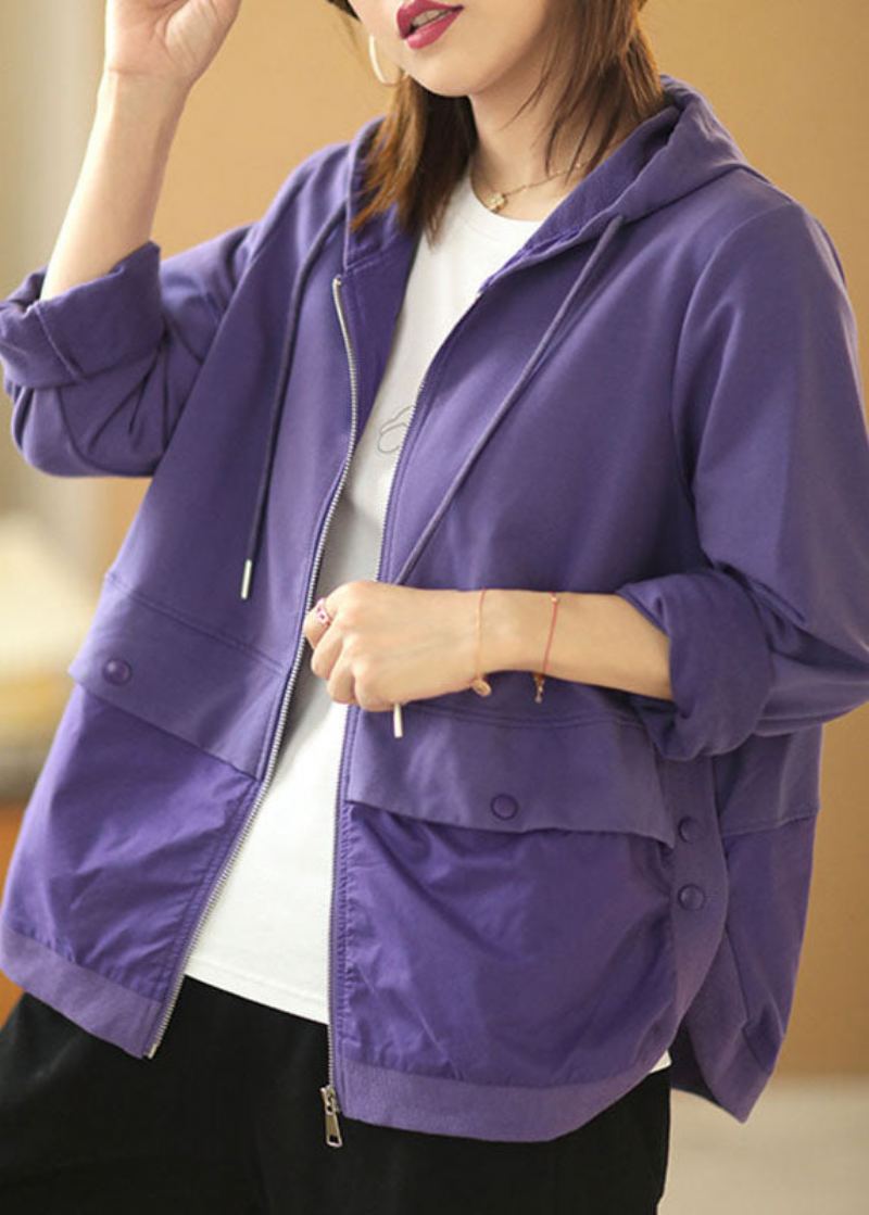 Manteau D'automne Style Patchwork À Capuche Violet Avec Cordon De Serrage Et Manches Longues - Manteaux d'hiver femmes