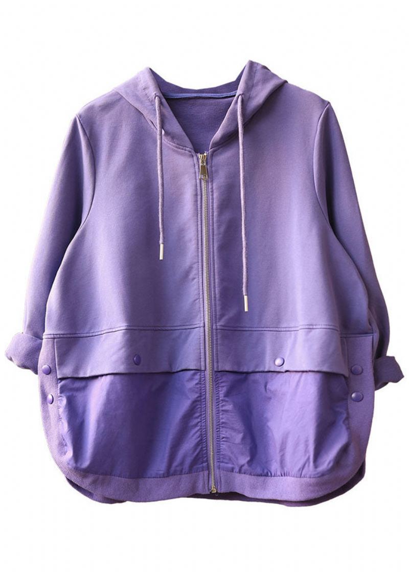 Manteau D'automne Style Patchwork À Capuche Violet Avec Cordon De Serrage Et Manches Longues - Manteaux d'hiver femmes