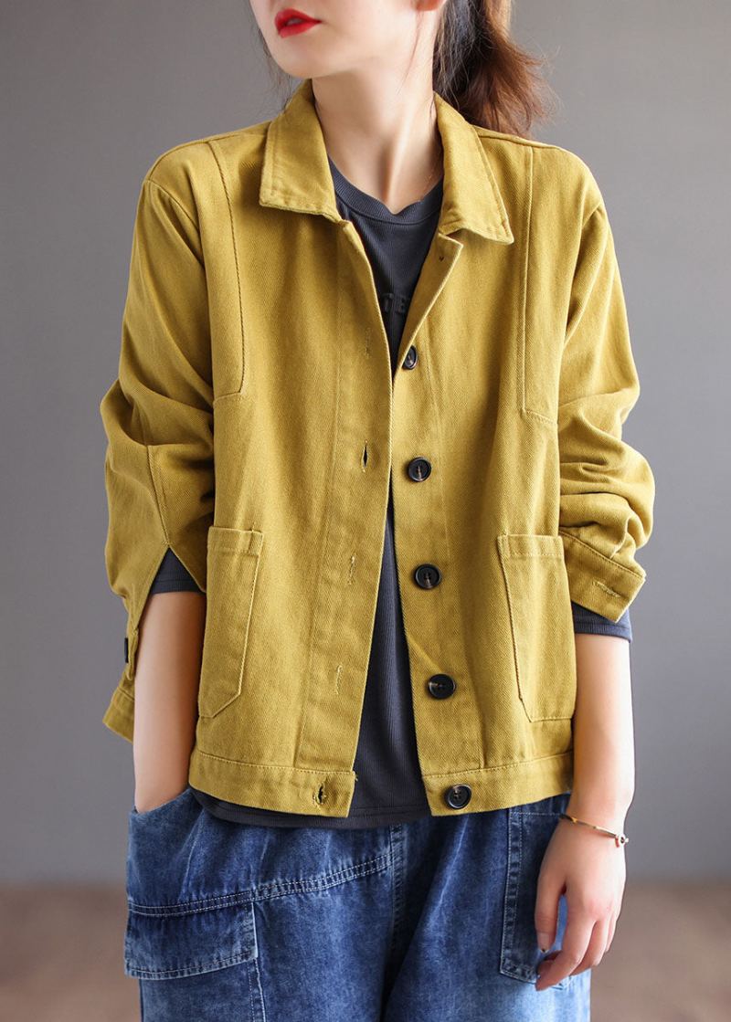 Manteau D'automne Unique En Patchwork Avec Col Peterpan Jaune Et Poches Boutonnées