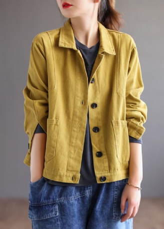 Manteau D'automne Unique En Patchwork Avec Col Peterpan Jaune Et Poches Boutonnées