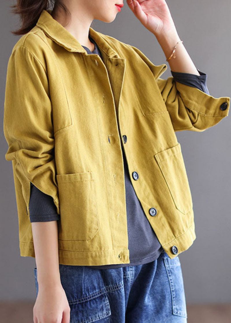 Manteau D'automne Unique En Patchwork Avec Col Peterpan Jaune Et Poches Boutonnées - Jaune