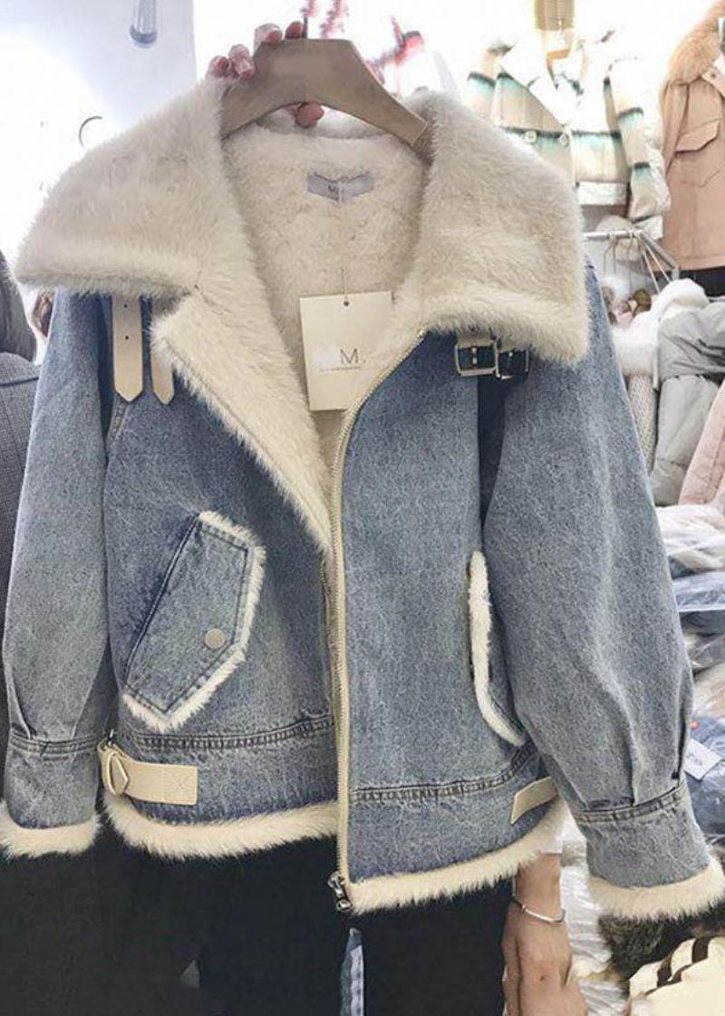 Manteau Bleu Denim Français Avec Fermeture Éclair Doublure En Laine Polaire Épaisse Vêtements D'extérieur Printemps