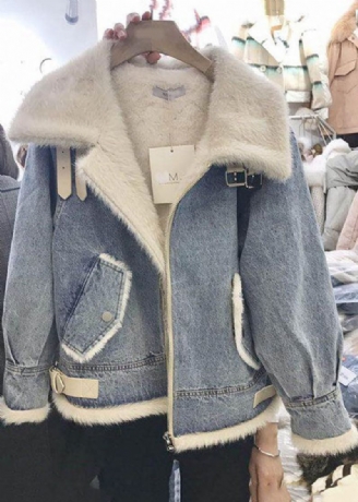 Manteau Bleu Denim Français Avec Fermeture Éclair Doublure En Laine Polaire Épaisse Vêtements D'extérieur Printemps