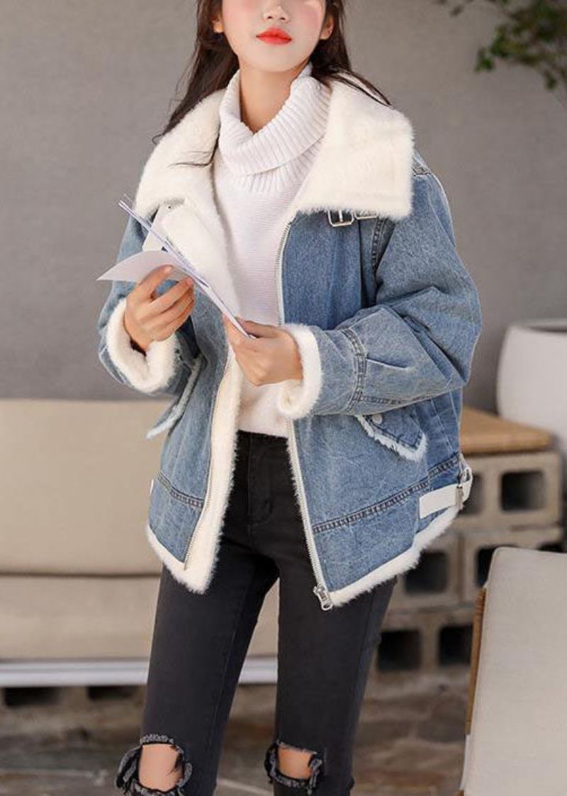 Manteau Bleu Denim Français Avec Fermeture Éclair Doublure En Laine Polaire Épaisse Vêtements D'extérieur Printemps - Manteaux d'hiver femmes