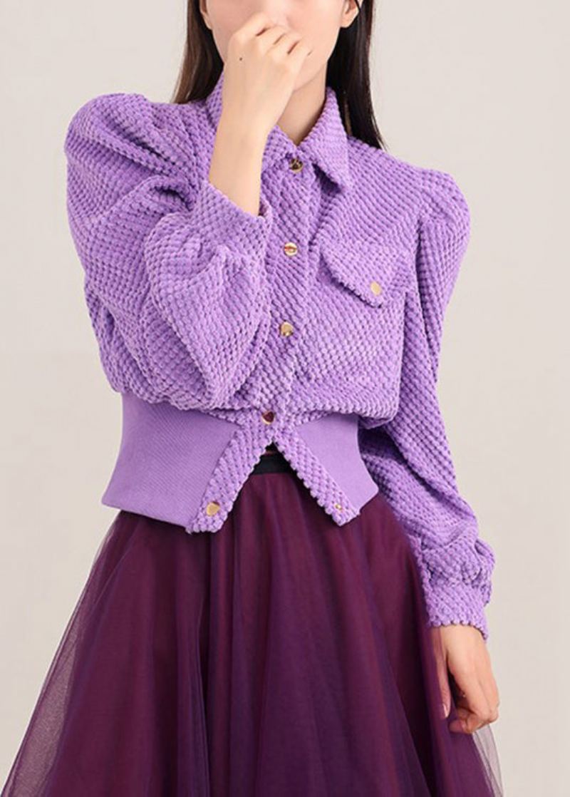 Manteau Boutonné Violet Simple À Manches Bouffantes Printemps