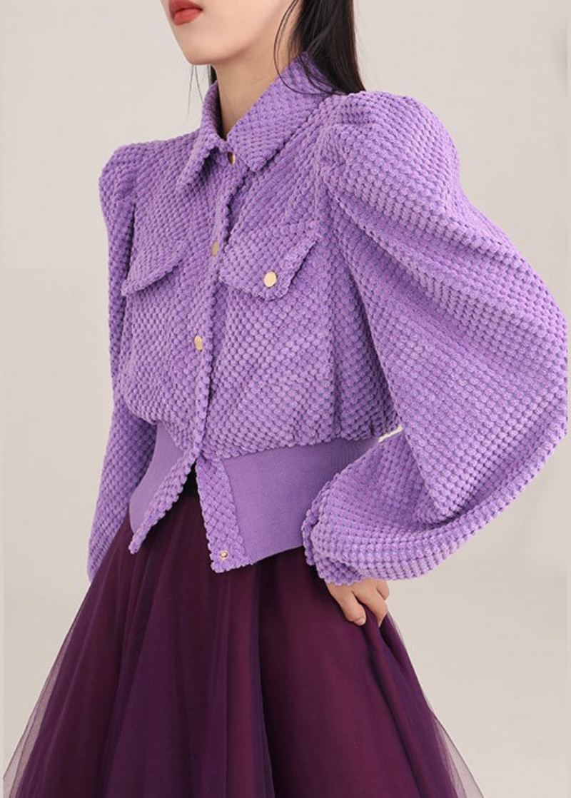 Manteau Boutonné Violet Simple À Manches Bouffantes Printemps - Manteaux d'hiver femmes