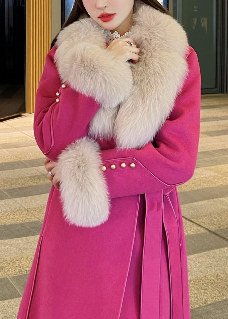 Manteau En Cachemire Épais À Manches Longues Col En Fourrure Violette Française Cravate À La Taille - Manteaux d'hiver femmes