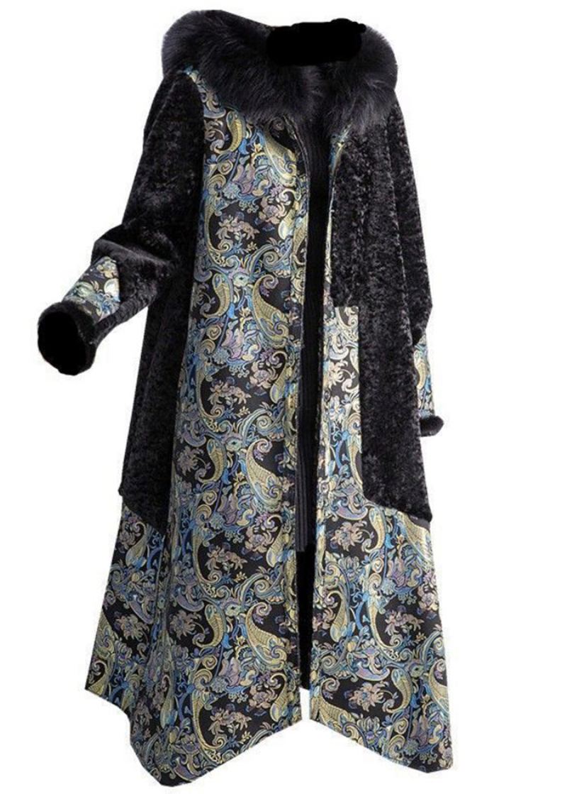 Manteau En Cachemire Noir Avec Col En Renard Grande Taille Vêtements En Patchwork Des Deux Côtés Hiver - Manteaux d'hiver femmes