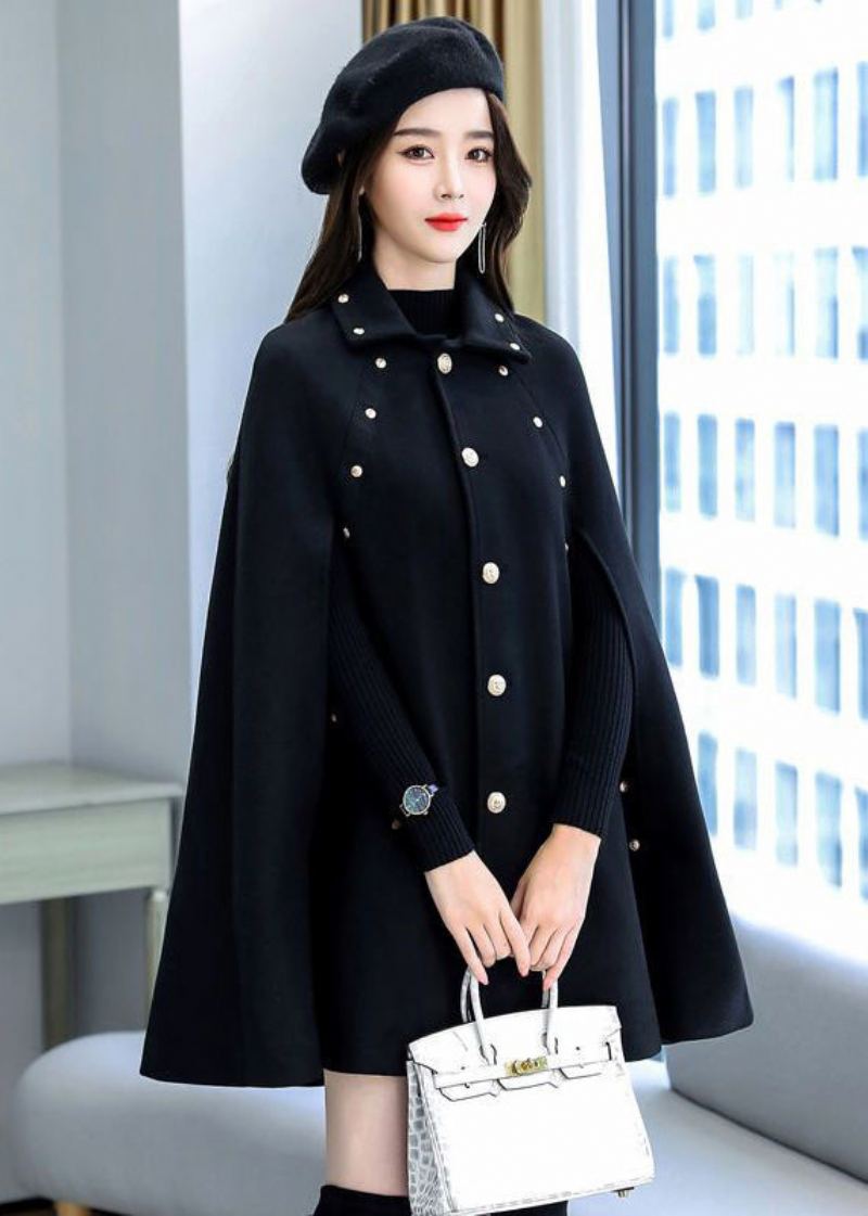 Manteau Cape En Laine Épaisse Avec Bouton Rivet Noir De Grande Taille Sans Manches