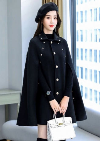 Manteau Cape En Laine Épaisse Avec Bouton Rivet Noir De Grande Taille Sans Manches