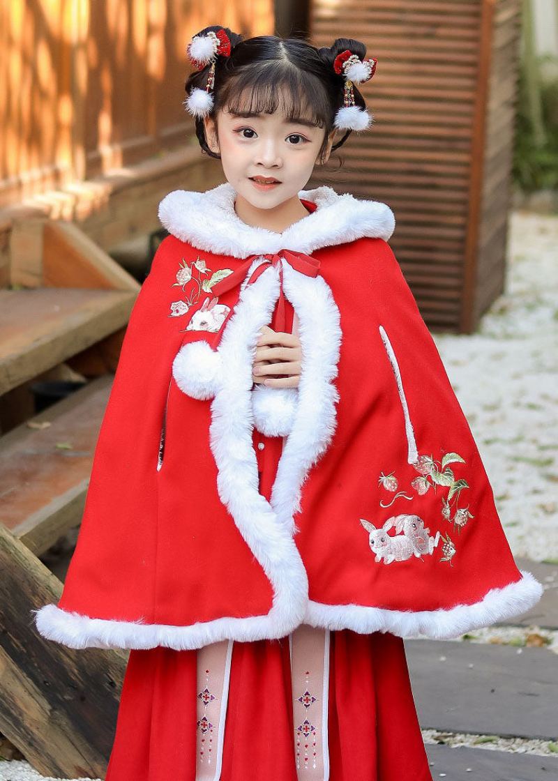 Manteau À Capuche Ample Brodé Rouge Pour Enfants Hiver