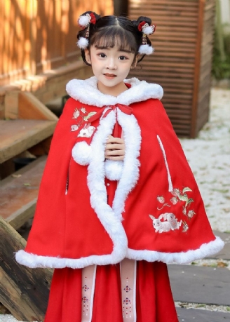 Manteau À Capuche Ample Brodé Rouge Pour Enfants Hiver