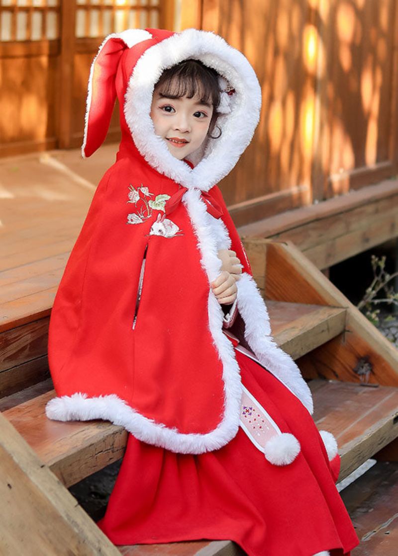 Manteau À Capuche Ample Brodé Rouge Pour Enfants Hiver - Rouge