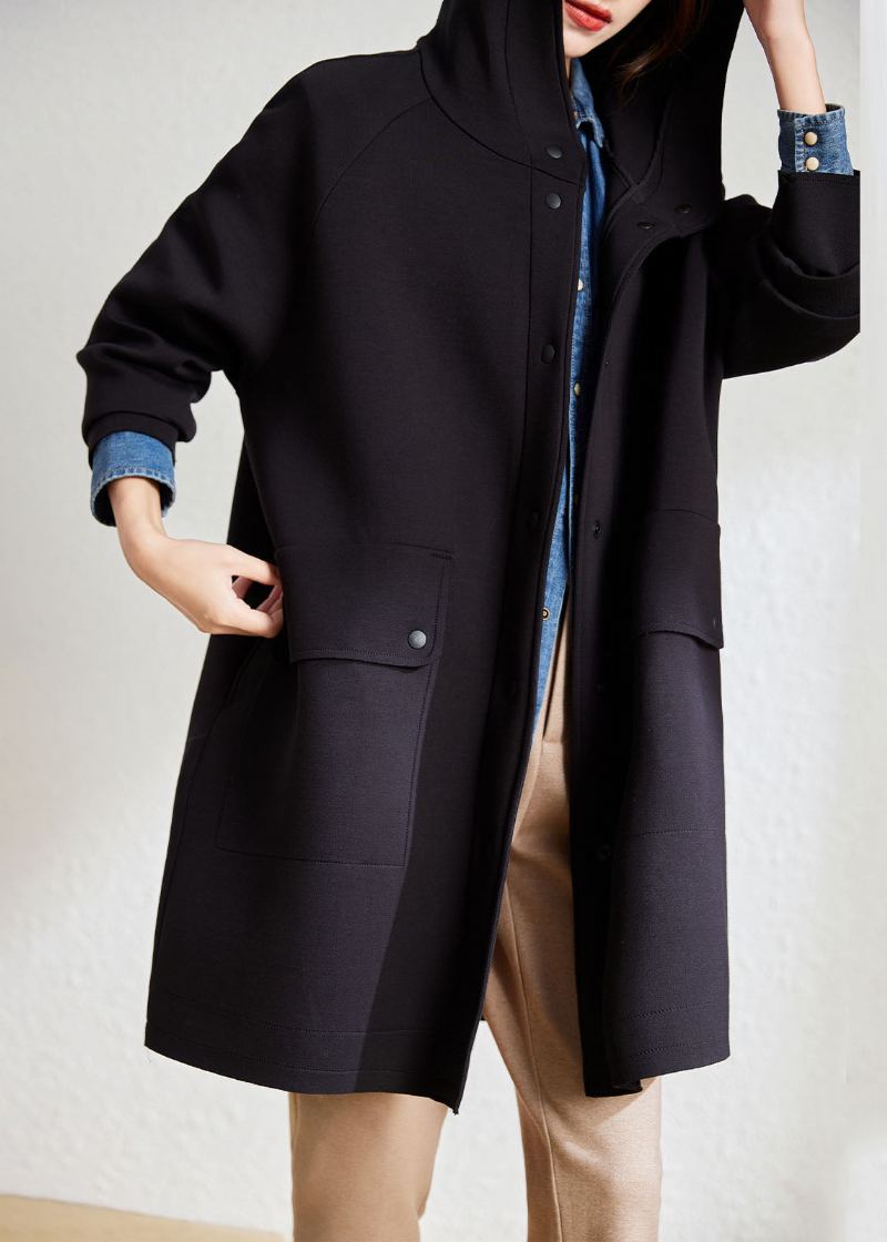 Manteau À Capuche Confortable Avec Poches Noires Et Boutons En Patchwork Nouveauté Automne - Manteaux d'hiver femmes