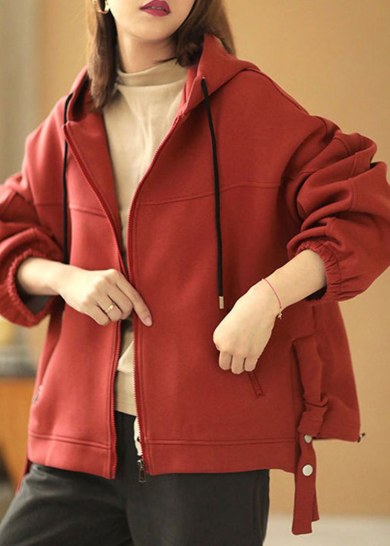 Manteau À Capuche En Coton Avec Poches Zippées Rouges Design Original Automne - Manteaux d'hiver femmes