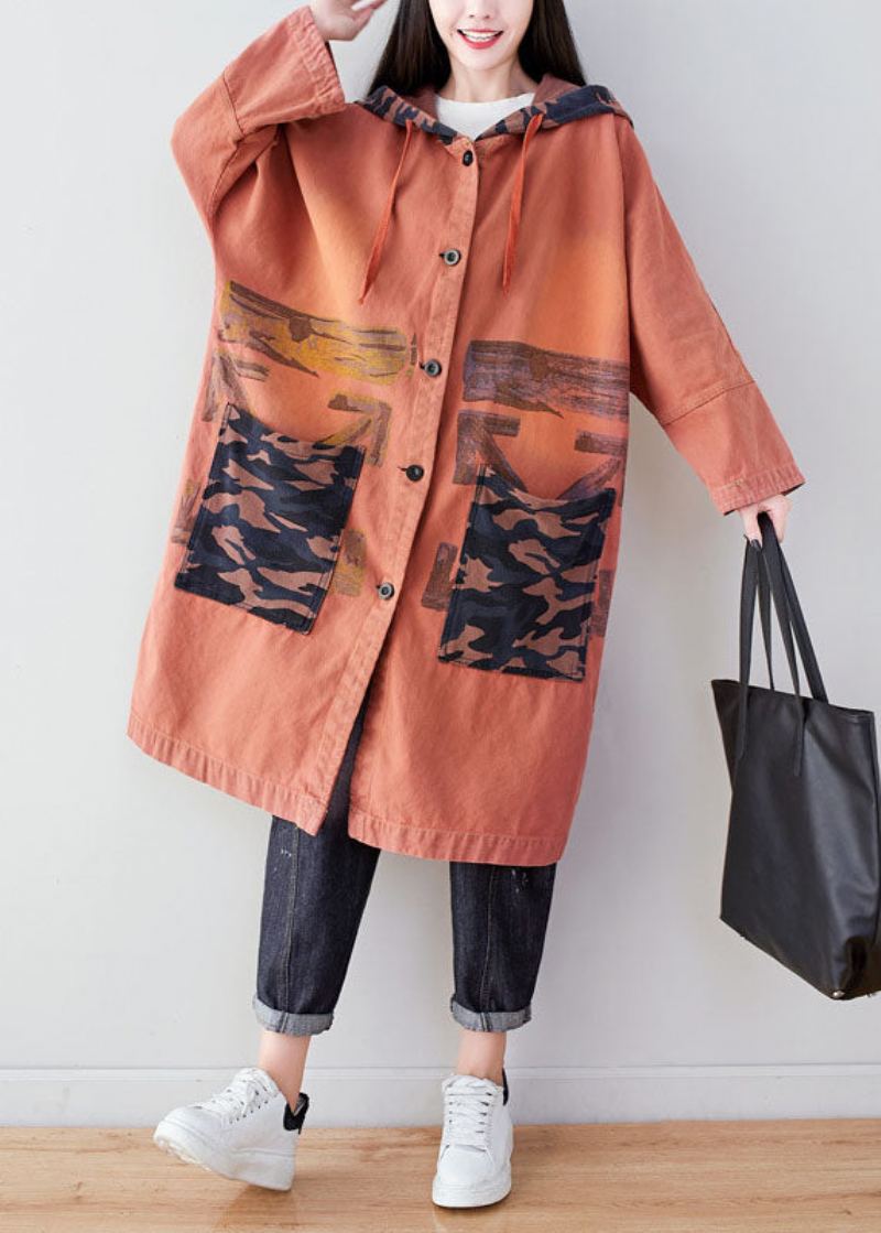 Manteau À Capuche En Coton Imprimé Patchwork Avec Poches Orange Printemps