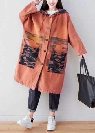 Manteau À Capuche En Coton Imprimé Patchwork Avec Poches Orange Printemps