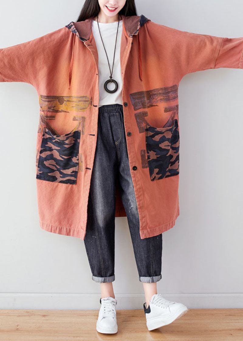 Manteau À Capuche En Coton Imprimé Patchwork Avec Poches Orange Printemps - Manteaux d'hiver femmes