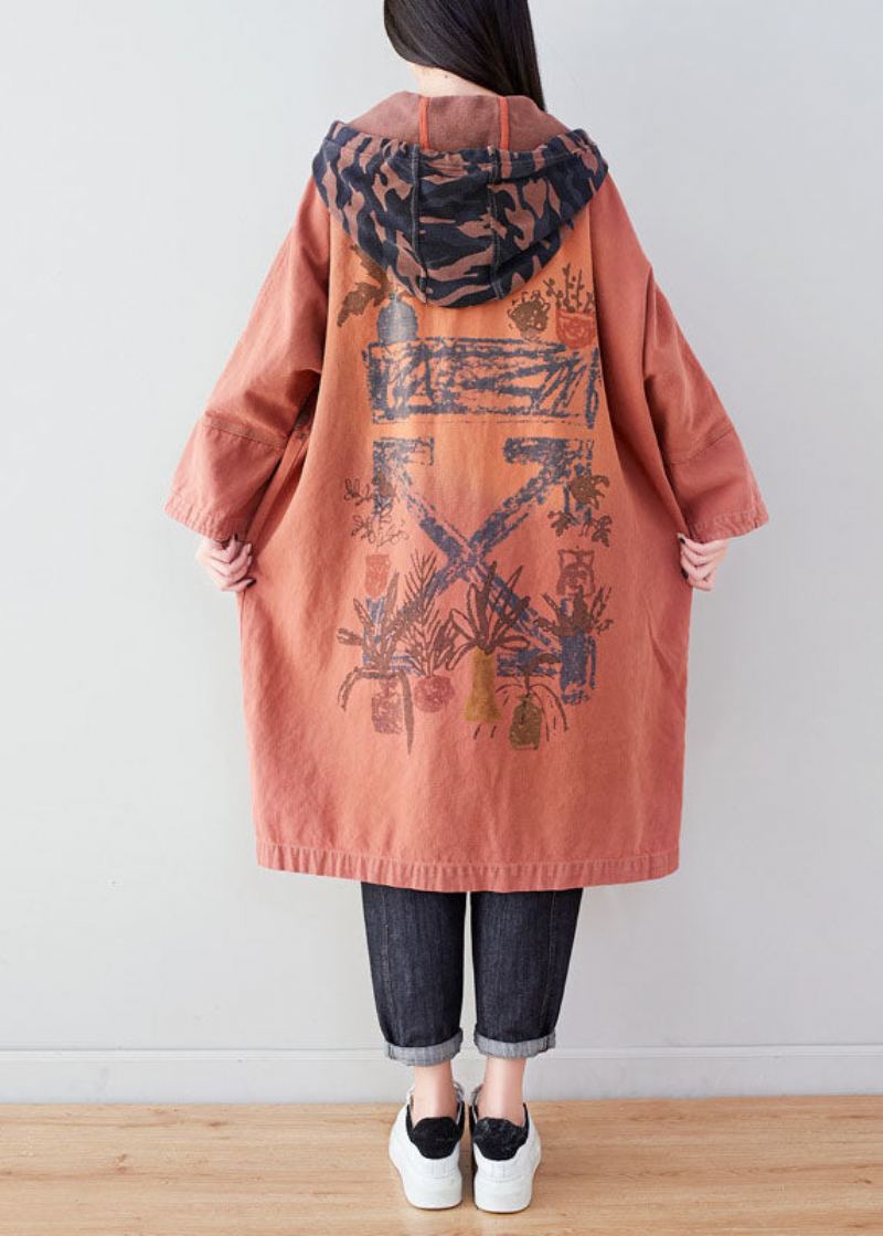 Manteau À Capuche En Coton Imprimé Patchwork Avec Poches Orange Printemps - Manteaux d'hiver femmes