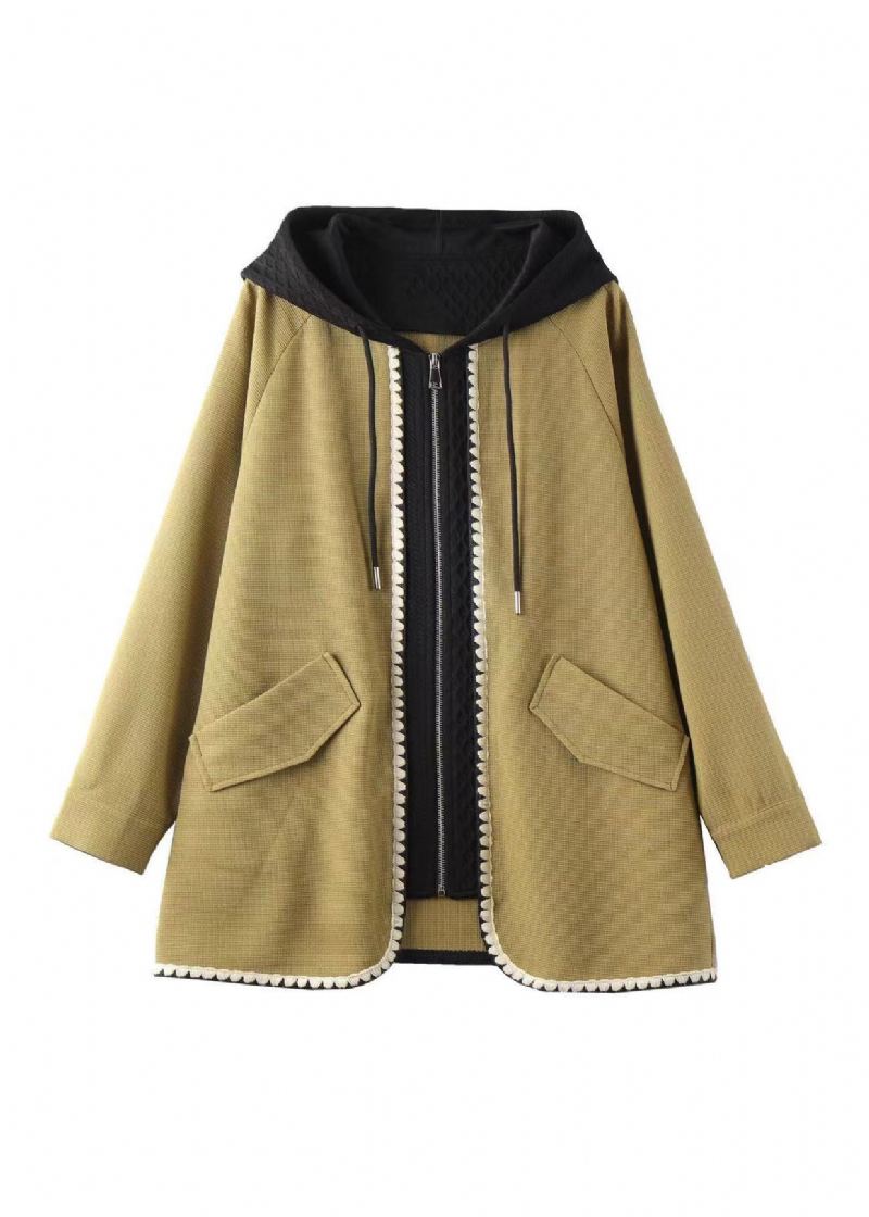 Manteau À Capuche En Coton Patchwork Jaune Français Avec Poches Zippées Automne - Manteaux d'hiver femmes