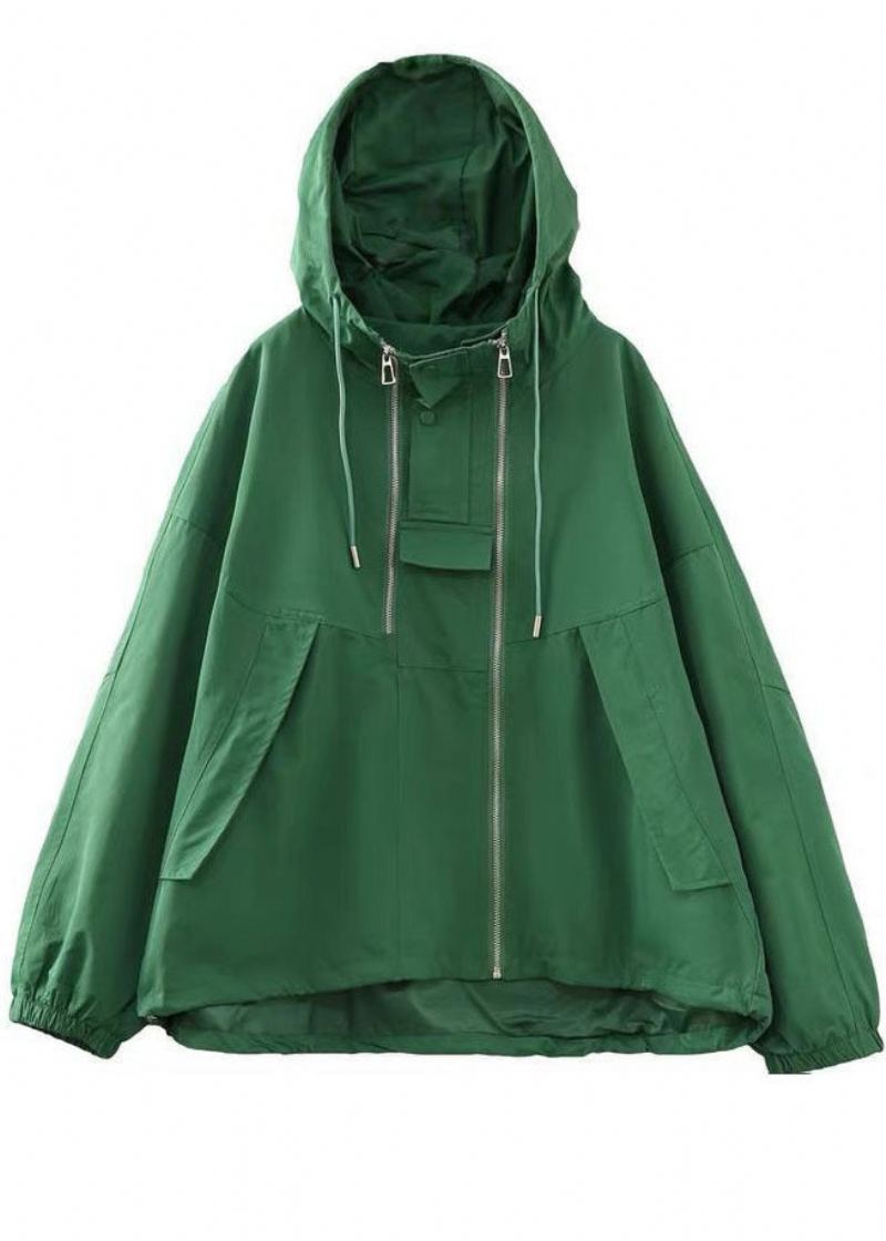 Manteau À Capuche En Coton Surdimensionné Vert Bohème Avec Cordon De Serrage Et Fermeture Éclair À Manches Longues - Manteaux d'hiver femmes