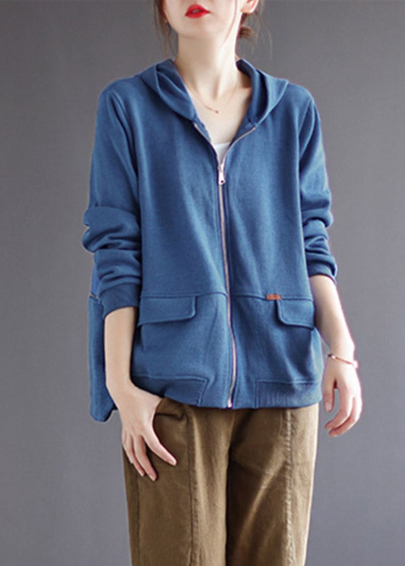 Manteau À Capuche En Coton Zippé Bleu À Manches Longues