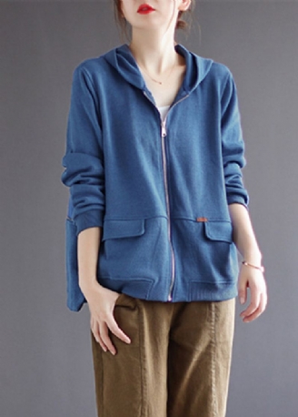 Manteau À Capuche En Coton Zippé Bleu À Manches Longues