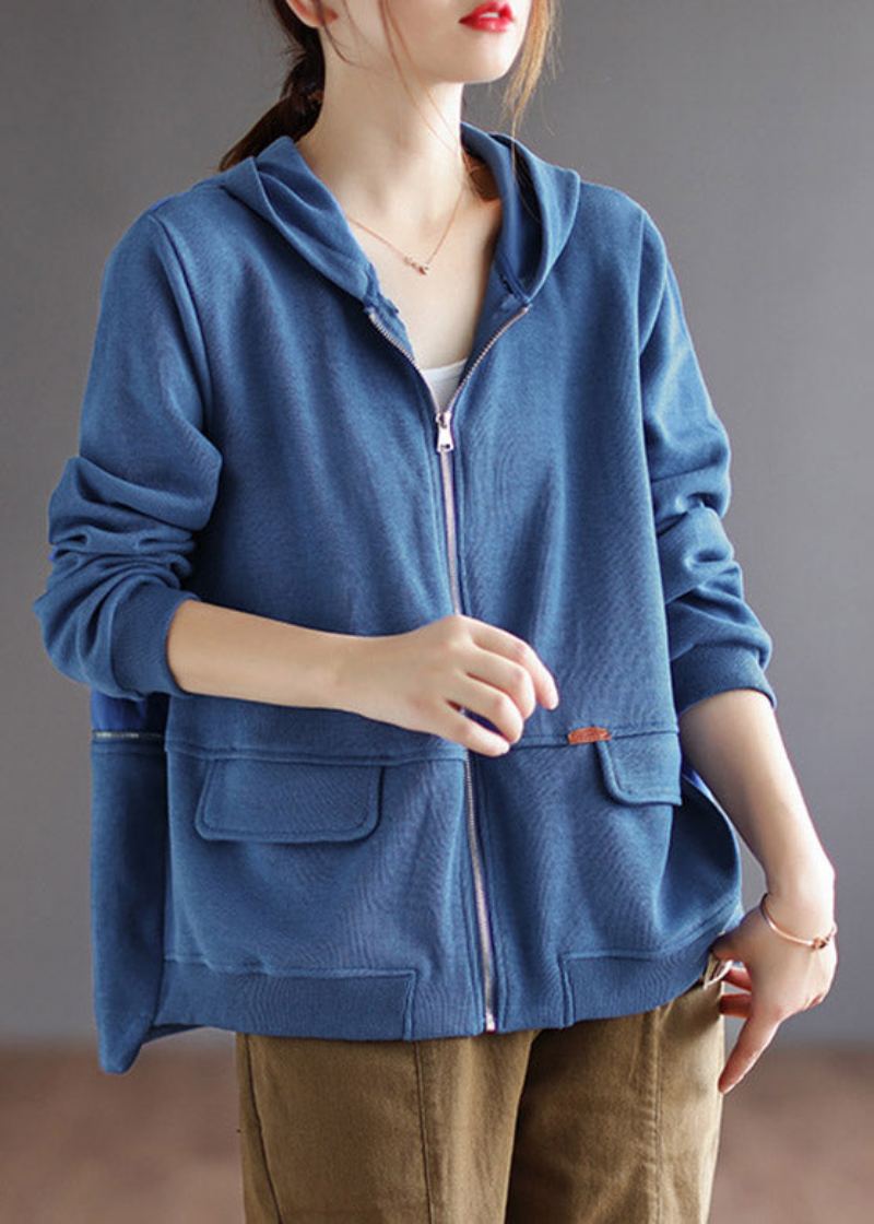 Manteau À Capuche En Coton Zippé Bleu À Manches Longues - Bleu