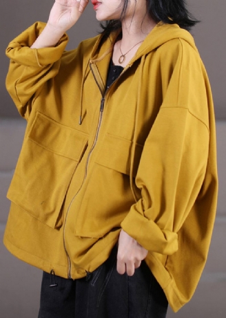 Manteau À Capuche Décontracté En Coton Avec Cordon De Serrage Et Fermeture Éclair Jaune Automne