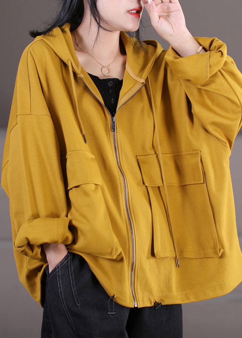 Manteau À Capuche Décontracté En Coton Avec Cordon De Serrage Et Fermeture Éclair Jaune Automne - Jaune