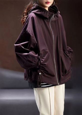 Manteau À Capuche Décontracté Violet Avec Fermeture Éclair Et Cordon De Serrage Pour L'automne