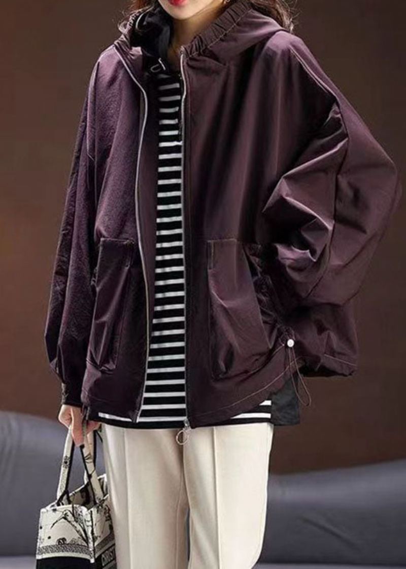 Manteau À Capuche Décontracté Violet Avec Fermeture Éclair Et Cordon De Serrage Pour L'automne - Violet