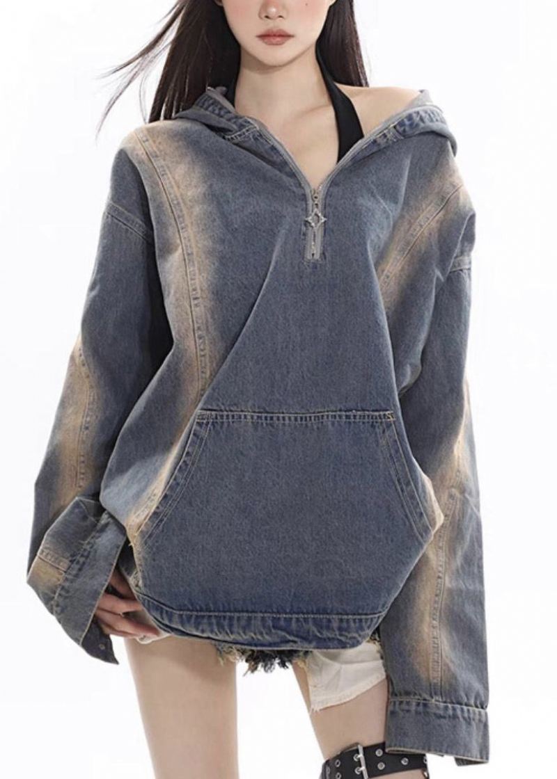 Manteau À Capuche En Denim Bleu Pour Femme Fermeture Éclair Patchwork Automne - Manteaux d'hiver femmes