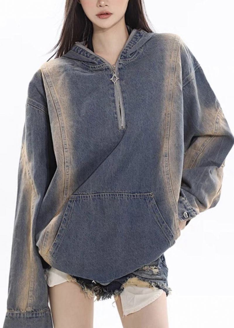 Manteau À Capuche En Denim Bleu Pour Femme Fermeture Éclair Patchwork Automne - Manteaux d'hiver femmes