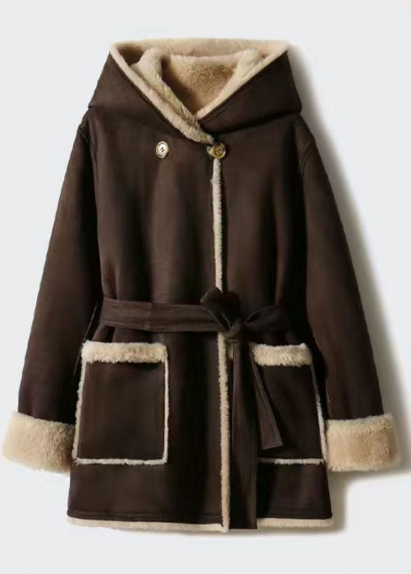 Manteau À Capuche Épais En Laine Mélangée Bouton De Taille Cravate Café Ajustée Hiver - Manteaux d'hiver femmes