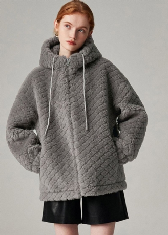 Manteau À Capuche En Fausse Fourrure Avec Cordon De Serrage Gris Hiver